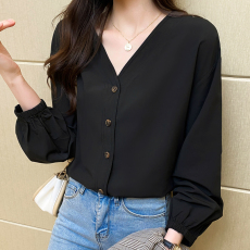 实拍现货 V领白色衬衫女高级感气质休闲衬衣2022新款春秋长袖棉