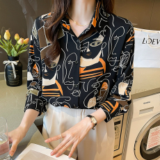 实拍现货 2022早秋新款明星同款抽象复古印花衬衫女长袖雪纺衬衣
