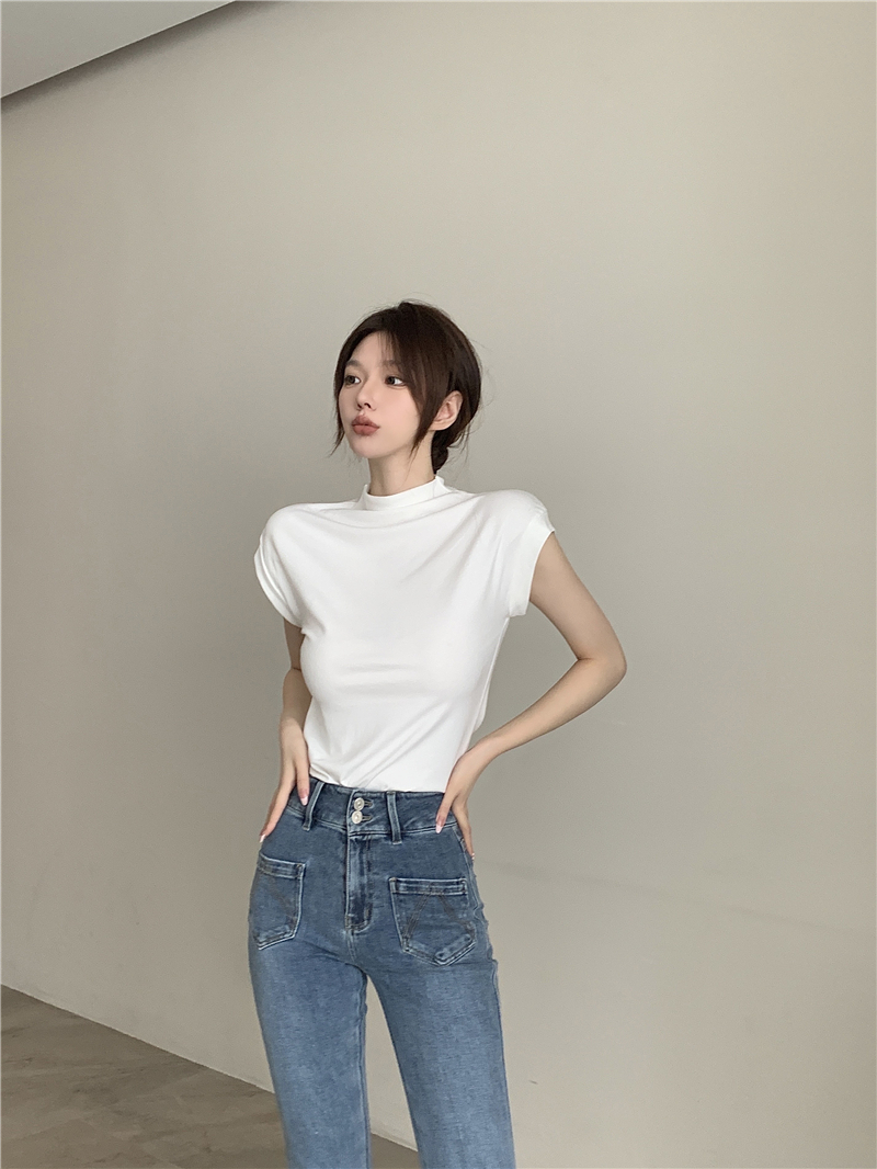 실사 정가 반하이넥 반팔 티셔츠 여성 순수한 욕망 바람 타이트 기본 셔츠 슬림해 보이는 맨위