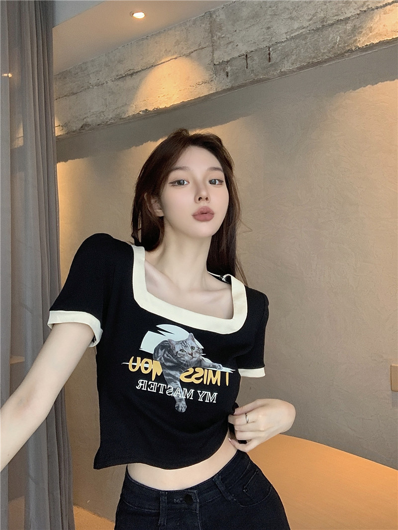 실사 정가 광장 칼라 반팔 고양이 프린트 반팔 티셔츠
