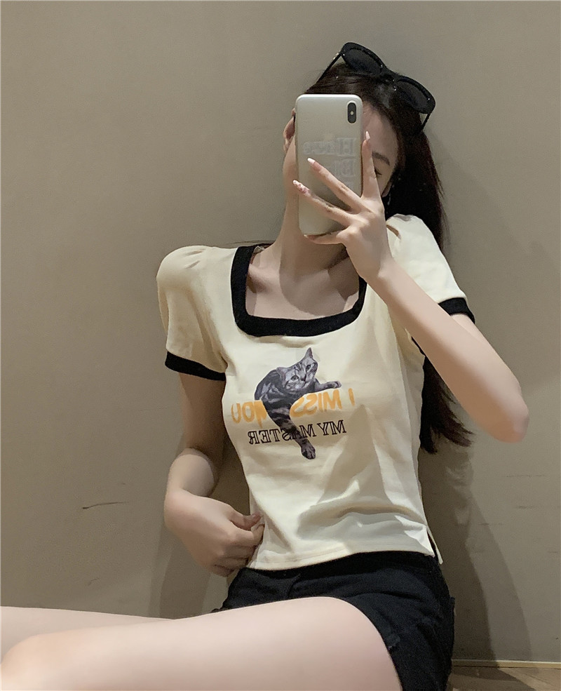 실사 정가 광장 칼라 반팔 고양이 프린트 반팔 티셔츠