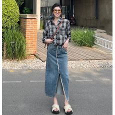 批发早秋气质港味复古chic酷盐系穿搭女洋气减龄格子衬衫<b class='q'>牛仔裙</b>两件套
