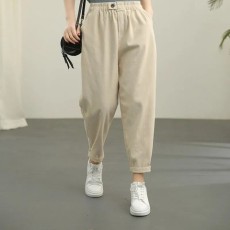 批发秋季2025新款复古斜纹<b class='q'>休闲裤</b>女纯色松紧腰显瘦哈伦裤九分裤子