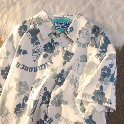 实价 短袖衬衫男夏季薄款外套ins潮牌满印夏威夷沙滩风衬衣