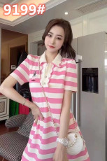 时尚休闲翻领短袖条纹连衣裙女欧货2022夏季中长款甜美可爱减龄裙