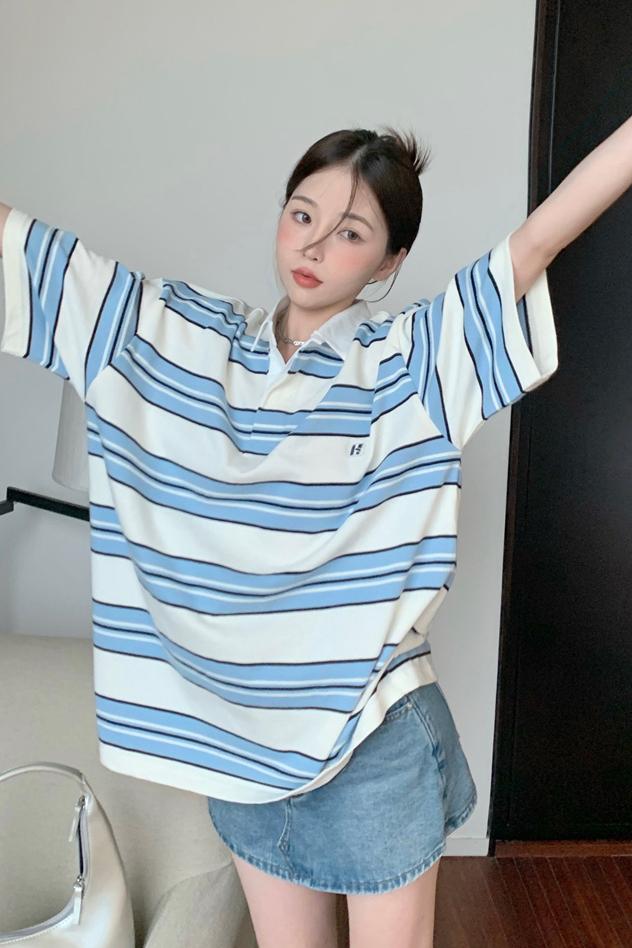 Real shot of retro Hiphop culture striped short-sleeved POLO shirt for women