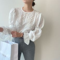 批发韩国chic早春法式小众仙气泡泡皱褶圆领<b class='q'>灯笼袖</b><b class='q'>衬衫</b>上衣女