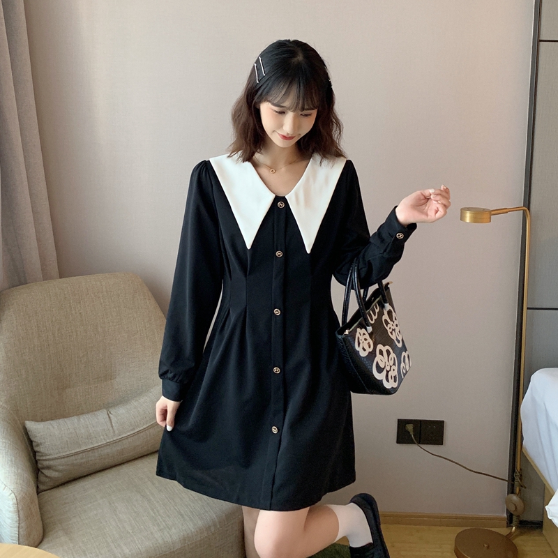 MY16145#新款大码女装娃娃领黑色裙收腰长袖连衣裙女裝貨源服裝批發