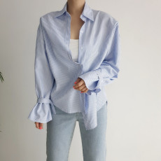 批发chic 韩国法式早春百搭简约设计感小众细条纹宽松长袖<b class='q'>衬衫女</b>上衣