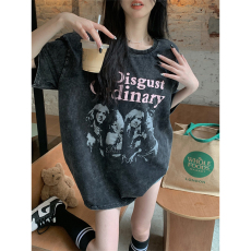 批发原版质量 美式复古做旧印花短袖T恤短抽绳正肩