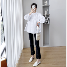 批发实拍 2026春季新款宽松木耳边娃娃款立领衬衫 泡泡袖<b class='q'>上衣</b>+托腹裤