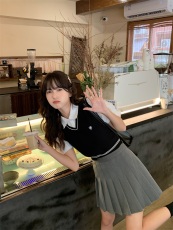 sinsingirl 夏季拼接假两件短袖针织衫衬衫女夏美式校服方领上衣