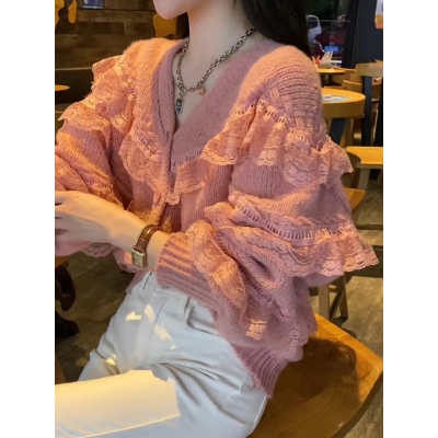 缕空开衫毛衣外套女2022春秋v领花边设计感显瘦百搭超仙长袖上衣