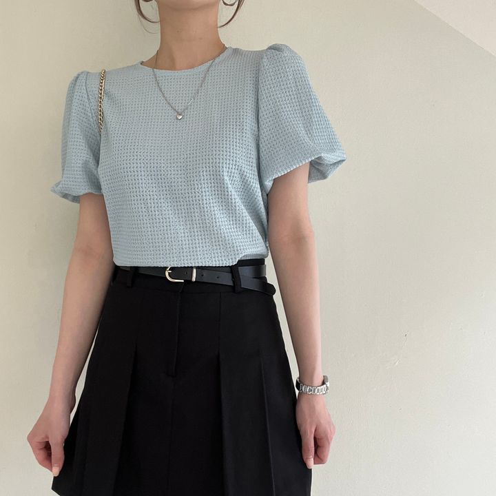chic 한 부서 여름 달콤함 부드러운 후아 남편 그리드 홀로우 아웃 라운드 넥 거품 소매 다용도 티셔츠 셔츠 맨위