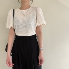 批发chic 韩系夏日甜美温柔华夫格镂空圆领泡泡袖百搭<b class='q'>T</b><b class='q'>恤</b>衬衣上衣