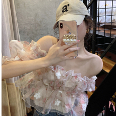 批发实价法式甜美碎花<b class='q'>雪纺</b>衫女夏季纯欲辣妹一字肩泡泡袖短款别致上衣