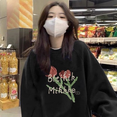 郁金香纯棉黑卫衣女春秋薄款oversize小众高街潮牌ins设计感上衣