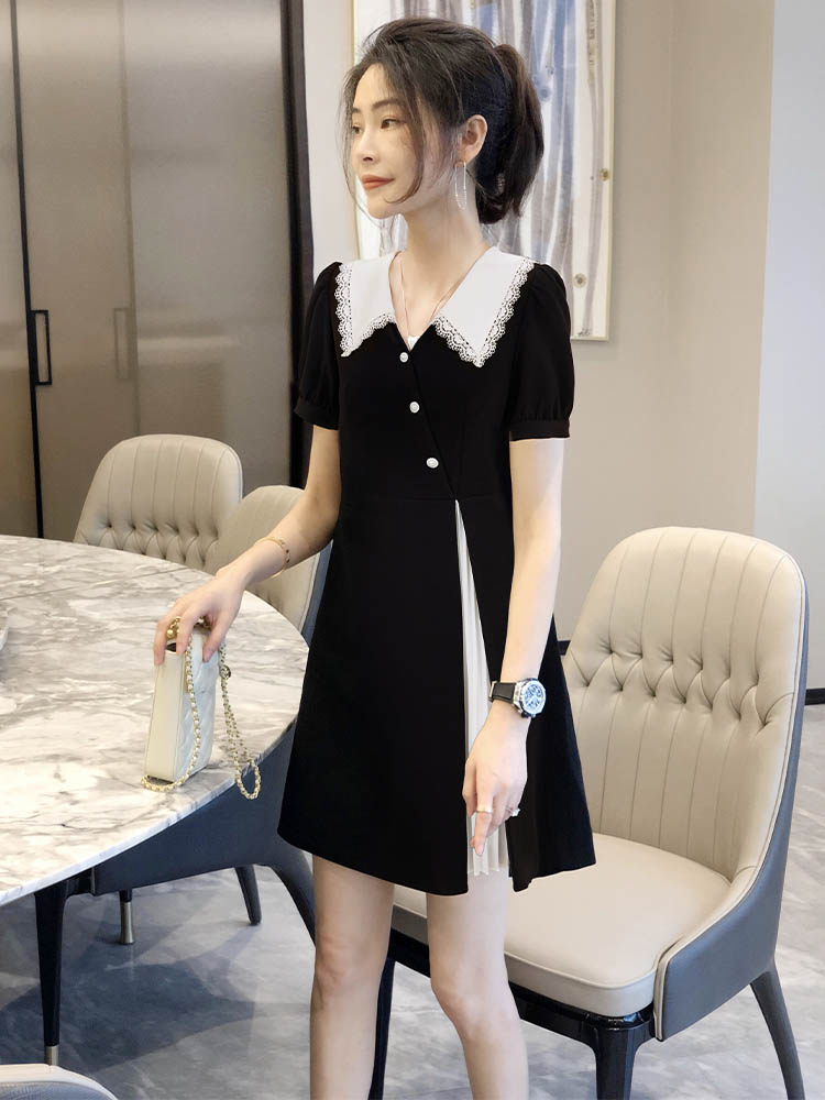 MY16786# 赫本蕾丝拼接连衣裙女v领法式黑色a字裙子夏天小个子女裝貨...