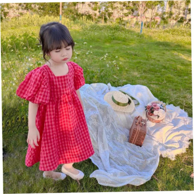 夏季新款女童韩版蝴蝶结露背树莓格子泡泡袖短袖公主连衣裙
