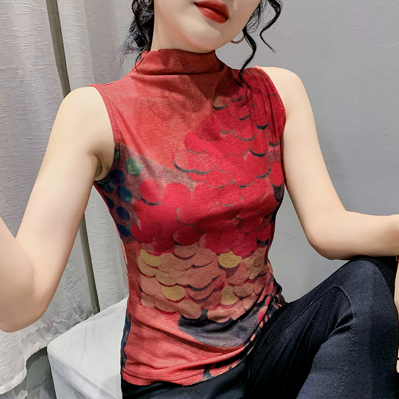 2026 봄 가을 새로운 패션 프린트 알파벳 민소매 반하이넥 티셔츠 여성 몸매 가꾸기 품격 맨위 슬림해 보이는 여성
