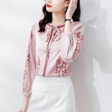 批发实拍2026春款法式蝴蝶结高端仿真丝<b class='q'>衬衫</b><b class='q'>女长袖</b>设计感印花上衣
