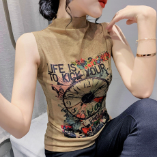 批发2026春秋新款时尚印花字母无袖半高领T恤女修身气质上衣显瘦女