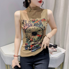 批发2026秋季新款时尚印花字母无袖半高领T恤女修身气质上衣显瘦女