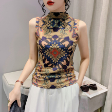 批发2026秋季新款时尚印花字母无袖半高领T恤女修身气质上衣显瘦女