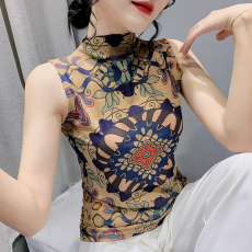 批发2026春秋新款时尚印花字母无袖半高领T恤女修身气质上衣显瘦女