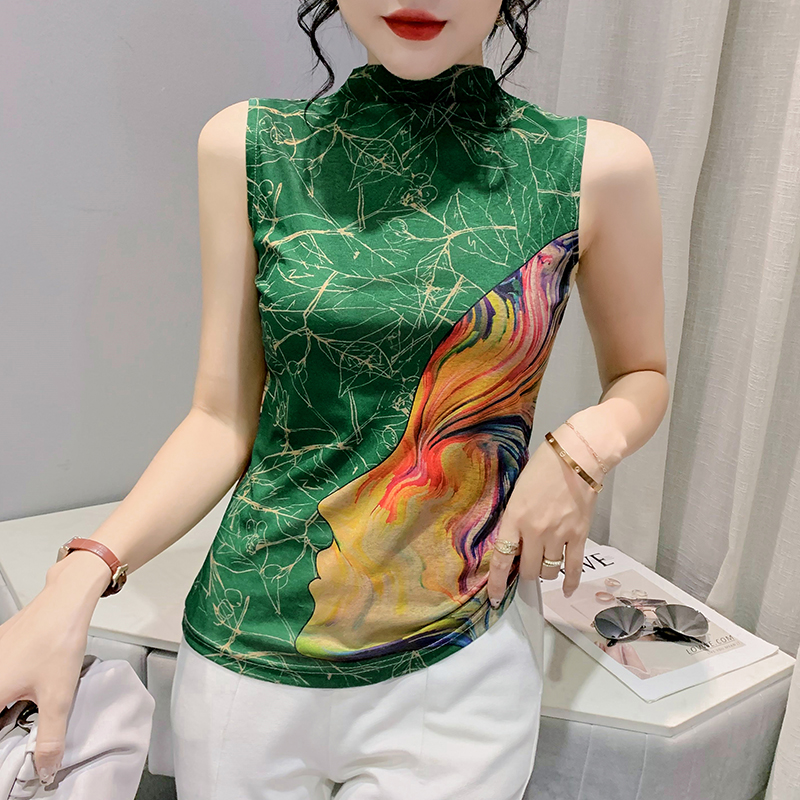 2026 봄 가을 새로운 패션 프린트 알파벳 민소매 반하이넥 티셔츠 여성 몸매 가꾸기 품격 맨위 슬림해 보이는 여성