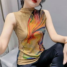 批发2026春秋新款时尚印花字母无袖半高领T恤女修身气质上衣显瘦女