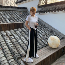 批发实价-官图 春季新款拼接撞色开叉宽松阔腿休闲裤女