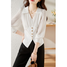 批发2026春季新款小香风短款V领长袖雪纺衫女上衣洋气衬衫打底衫修身