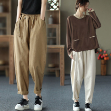 批发夏季纯棉长裤撤回<b class='q'>尾</b><b class='q'>单</b>秋季<b class='q'>外贸</b>女装复古全棉老爹裤松紧腰哈伦裤女