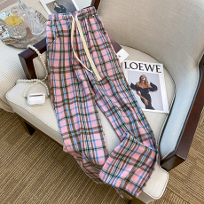 批发实拍 梭织面料 格子休闲裤女夏季高腰显瘦抽绳百搭直筒阔腿裤