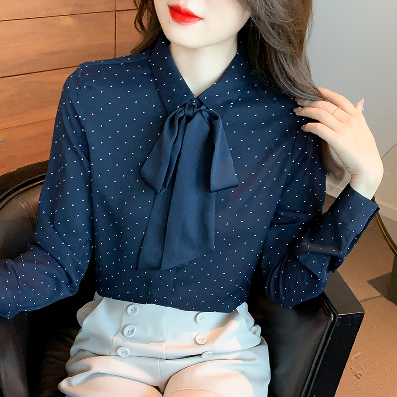 나비 매듭 셔츠 여성 긴 소매 가을 디자인 센스 작은 대중 도트 무늬 프린트 쉬폰 톱 패션 비즈니스웨어 셔츠