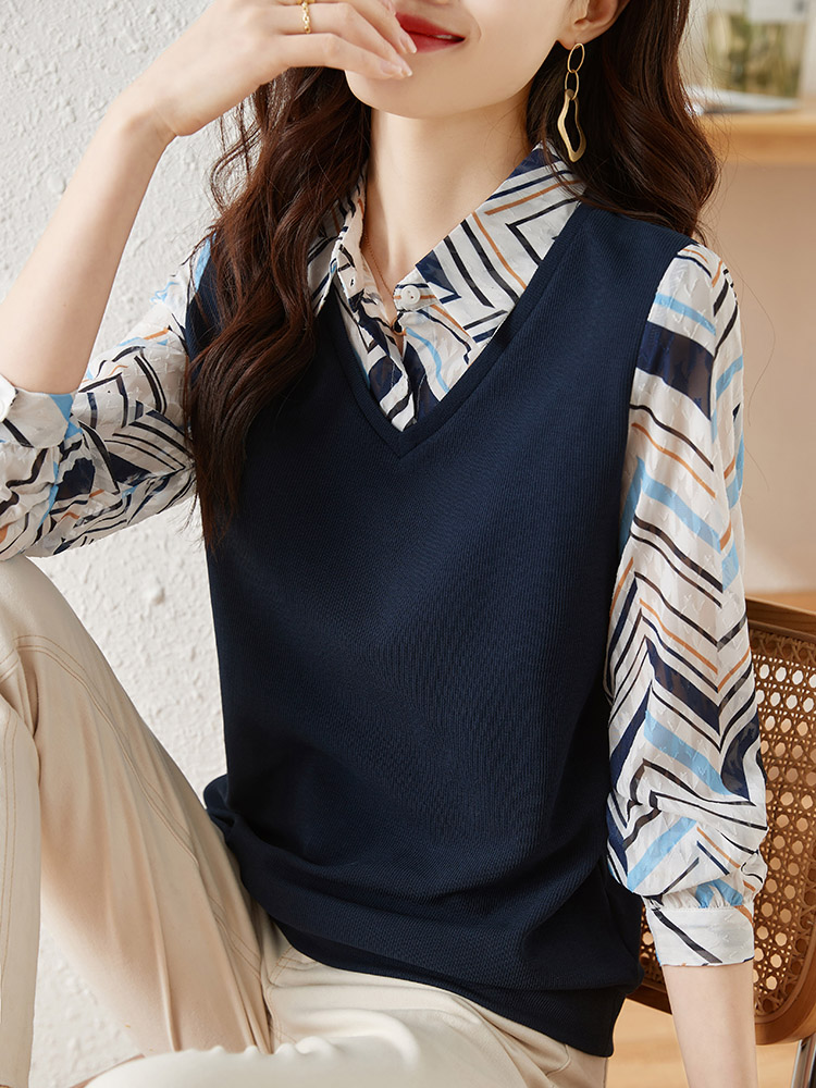 MY15919# 假两件卫衣女设计感小众洋气长袖衬衫领上衣女裝貨源服裝批發