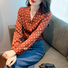 批发2026春秋新款<b class='q'>长袖</b>波点<b class='q'>雪纺</b><b class='q'>衫</b>设计感小众双排扣复古港风v领衬衫女