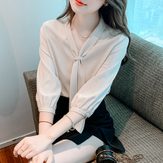 批发实拍~通勤气质<b class='q'>白色</b>飘带领职业雪纺衬衫女7分袖2026春季面试上衣