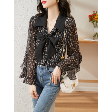批发新款黑色气质超仙印花大蝴蝶结2026年春季雪纺经典洋气百搭衬衫女