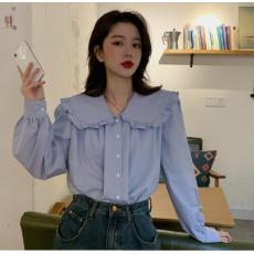 批发秋装新款大码女装韩款气质荷叶边娃娃翻领长袖衬衫