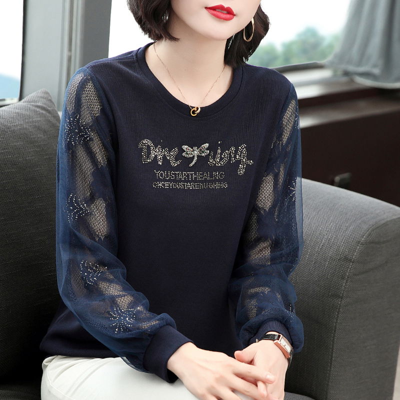 MY14193# 拼接长袖t恤女宽松洋气小衫韩版网纱拼接袖妈妈上衣女裝貨源...
