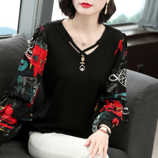 批发长袖女t恤2026新款中年雪纺拼接洋气春装上衣妈妈黑色打底衫薄款