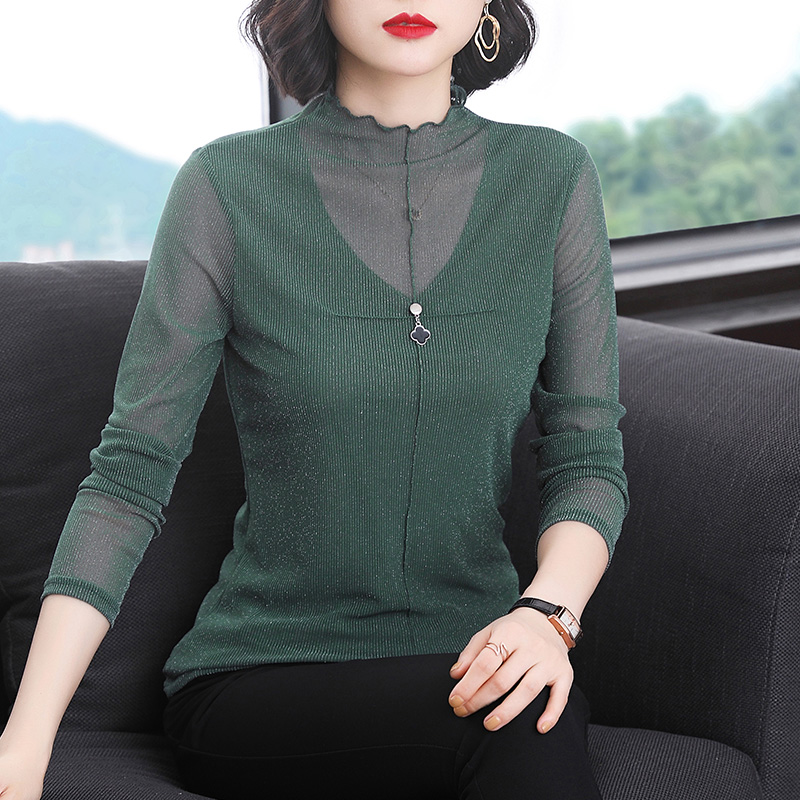 2026 년 봄 가을 새로운 망사 맨위 여성 얇은 스타일 몸매 가꾸기 반하이넥 기본 셔츠 중년 엄마 긴팔 티셔츠