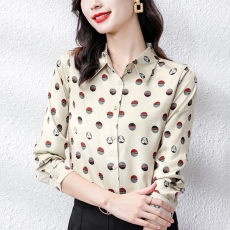 批发2026春季重磅<b class='q'>真丝</b>缎面翻领<b class='q'>衬衫</b>时尚波点印花设计感别致上衣单排扣