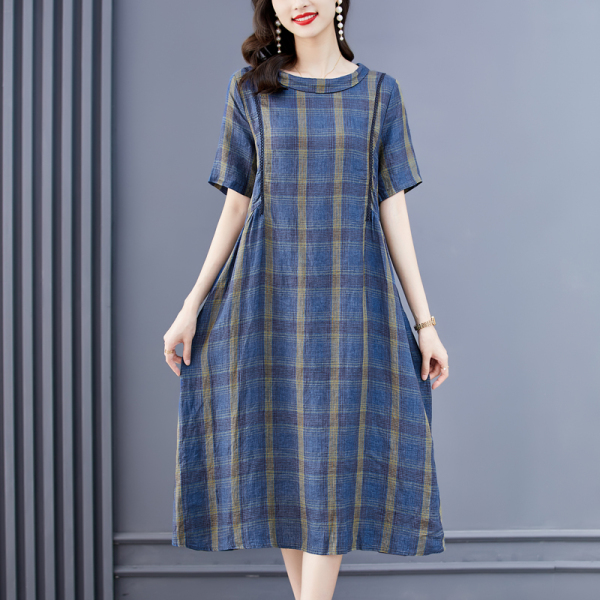 RM7855#高端气质格子连衣裙高级感女夏季2022年新款大码妈妈宽松裙子