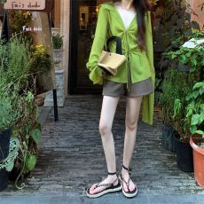 批发大码女装设计感小众美式薄款防晒衬衫女长袖绑带绿色上衣