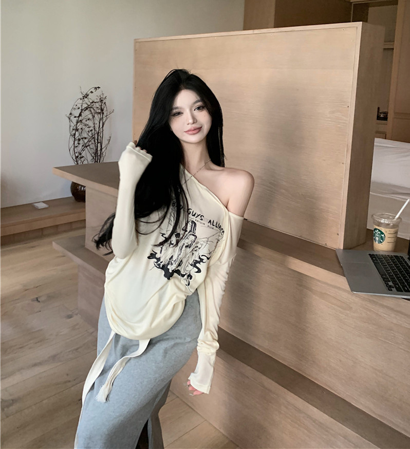 정가 실제 촬영 긴 소매 코튼 긍정적 인 어깨 자외선 차단제 느슨한 뜨거운 소녀 Chic 고급 센스 미국인 레트로 티셔츠 여자
