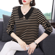 批发翻领纯棉<b class='q'>中年女装</b>条纹上衣女有领mm长袖春秋妈妈t恤衫大码打底衫