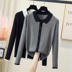 批发实拍大码针织开衫撞色polo领长袖胖MM新款显瘦短款上衣